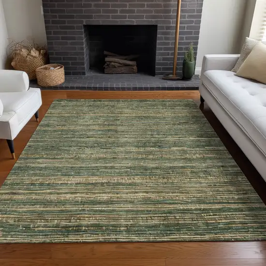 Fern Green And Charcoal Striped Washable Indoor Outdoor Area Rug Photo 8