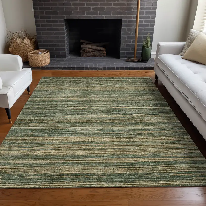 Fern Green And Charcoal Striped Washable Indoor Outdoor Area Rug Photo 7