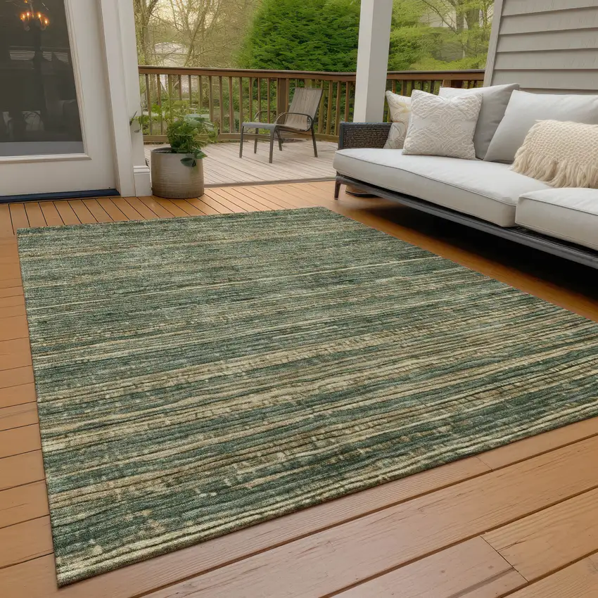 Fern Green And Charcoal Striped Washable Indoor Outdoor Area Rug Photo 8