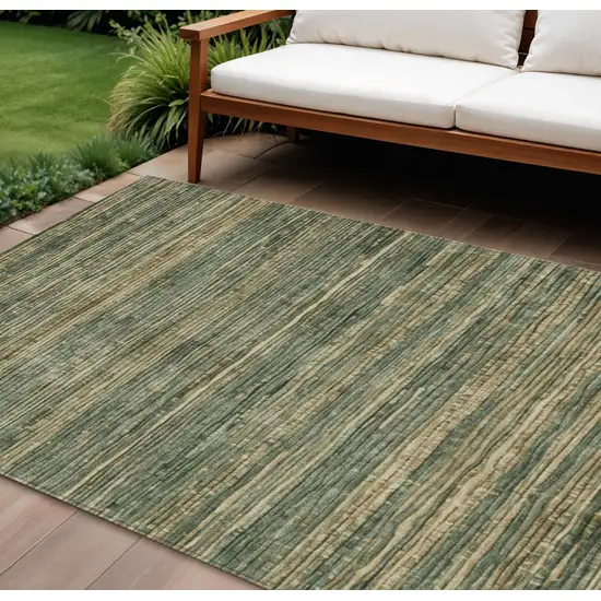 Fern Green And Charcoal Striped Washable Indoor Outdoor Area Rug Photo 2