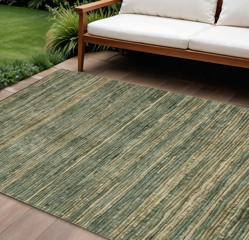 Fern Green And Charcoal Striped Washable Indoor Outdoor Area Rug Photo 2