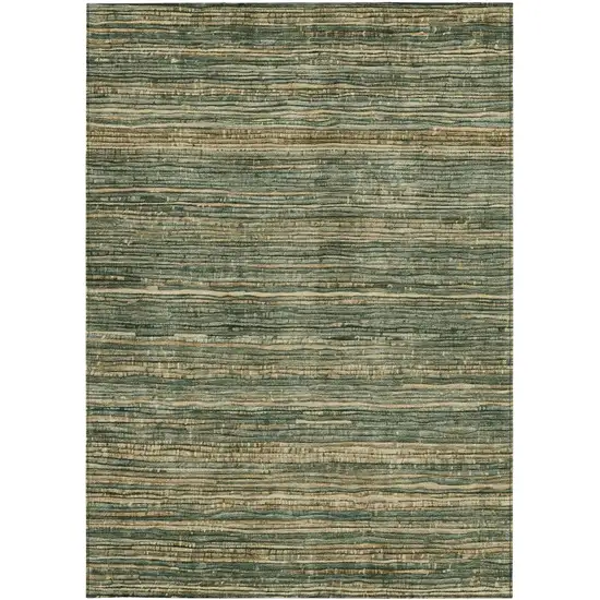 Fern Green And Charcoal Striped Washable Indoor Outdoor Area Rug Photo 1