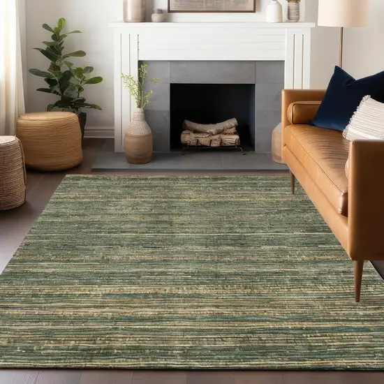 Fern Green And Charcoal Striped Washable Indoor Outdoor Area Rug Photo 6