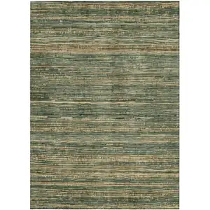 Photo of Fern Green And Charcoal Striped Washable Indoor Outdoor Area Rug