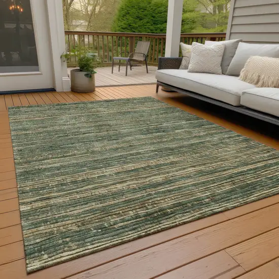 Fern Green And Charcoal Striped Washable Indoor Outdoor Area Rug Photo 8