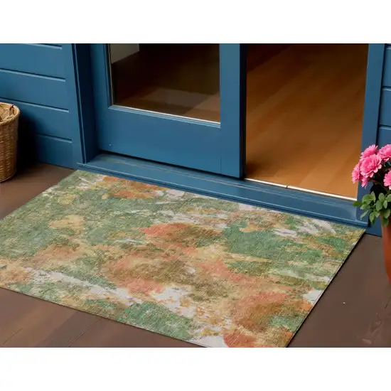 Fern Green And Copper Abstract Washable Indoor Outdoor Area Rug Photo 2