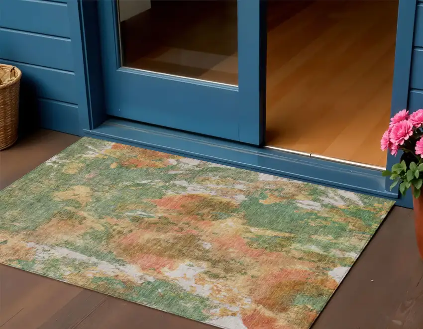 Fern Green And Copper Abstract Washable Indoor Outdoor Area Rug Photo 2