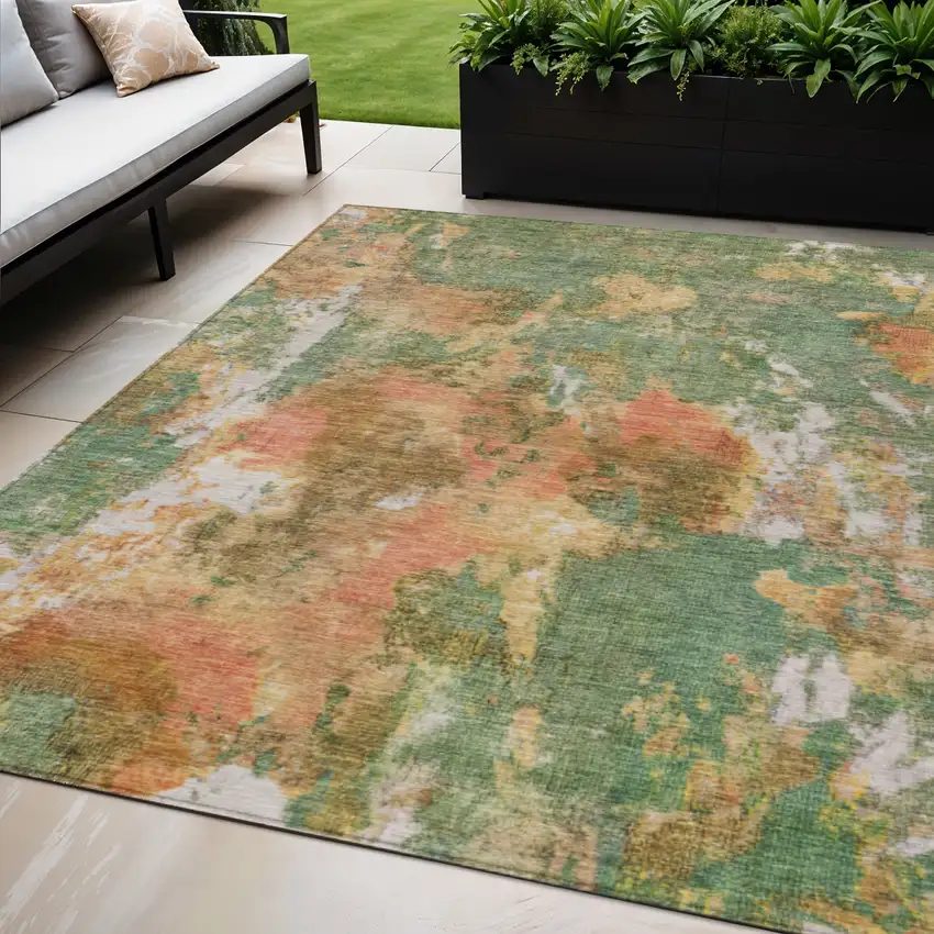 Fern Green And Copper Abstract Washable Indoor Outdoor Area Rug Photo 2