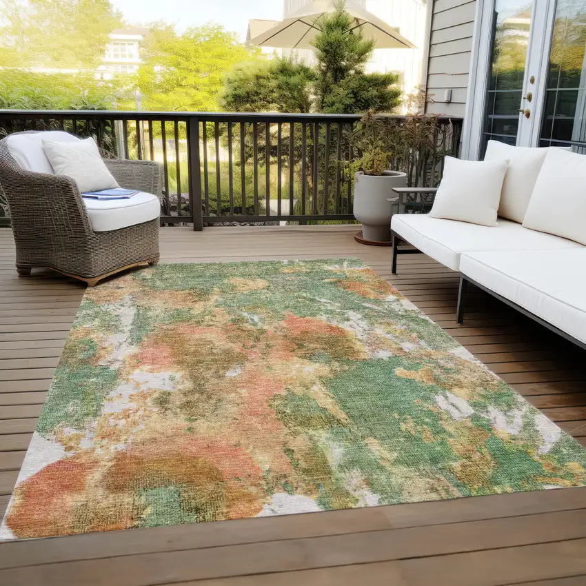 Fern Green And Copper Abstract Washable Indoor Outdoor Area Rug Photo 8