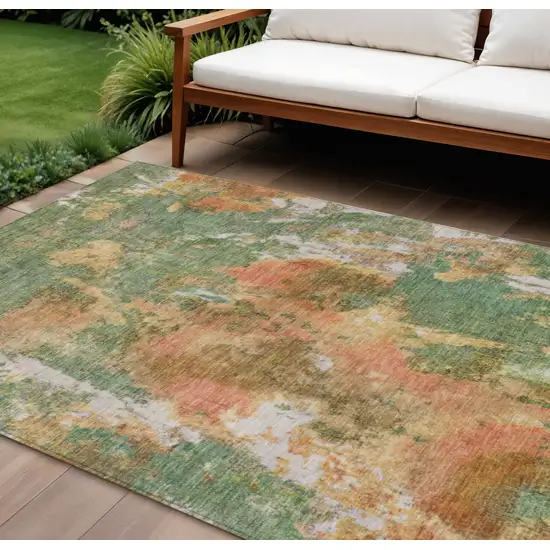 Fern Green And Copper Abstract Washable Indoor Outdoor Area Rug Photo 2