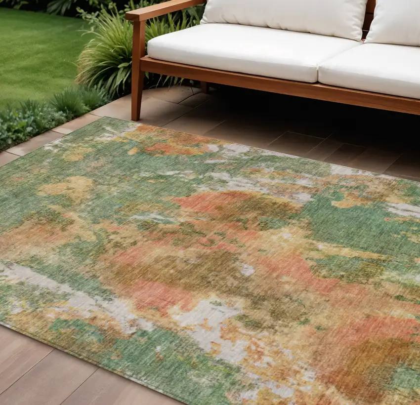 Fern Green And Copper Abstract Washable Indoor Outdoor Area Rug Photo 2