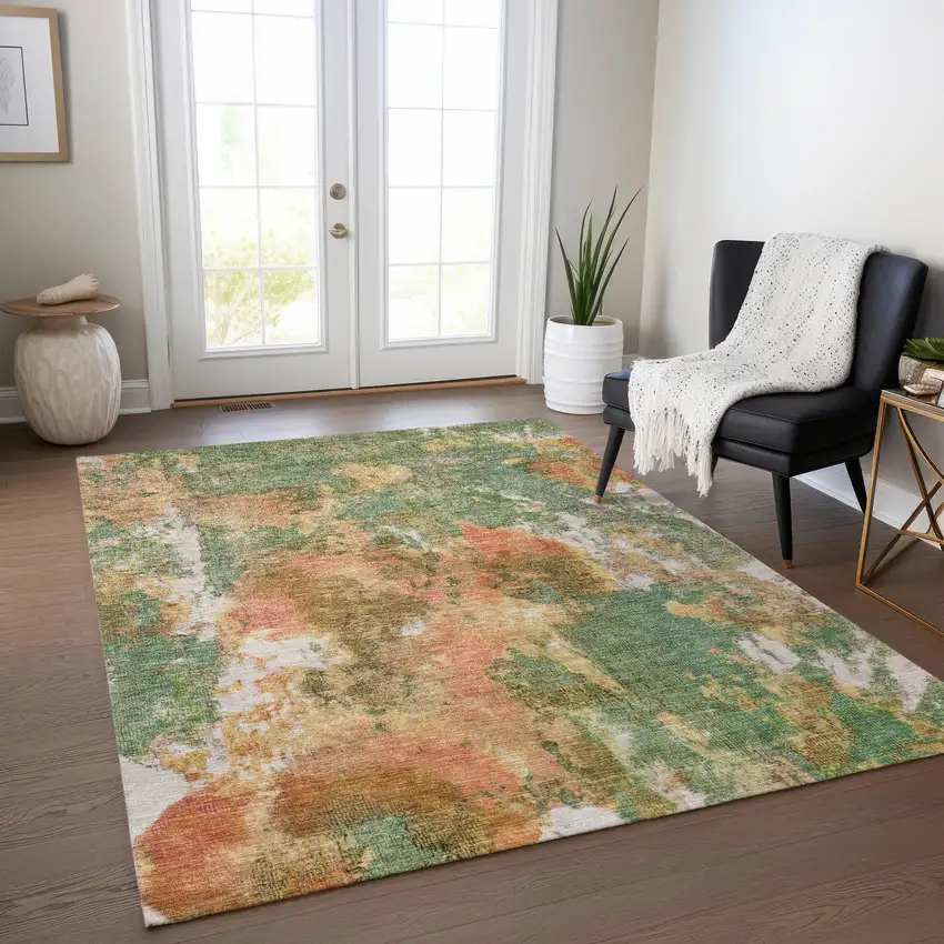 Fern Green And Copper Abstract Washable Indoor Outdoor Area Rug Photo 6