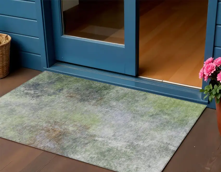 Fern Green And Copper Abstract Washable Indoor Outdoor Area Rug Photo 2