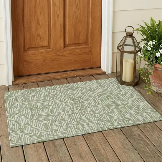Fern Green And Copper Geometric Washable Indoor Outdoor Area Rug Photo 1