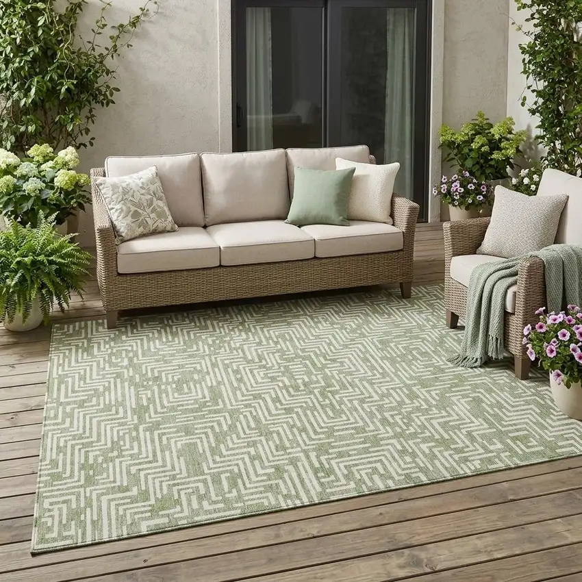 Fern Green And Copper Geometric Washable Indoor Outdoor Area Rug Photo 1