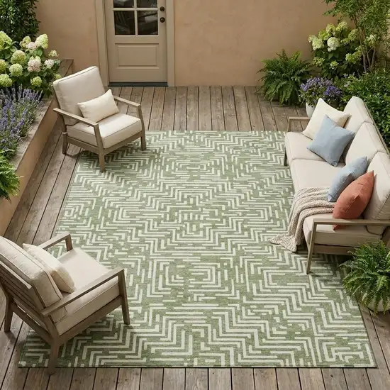 Fern Green And Copper Geometric Washable Indoor Outdoor Area Rug Photo 1