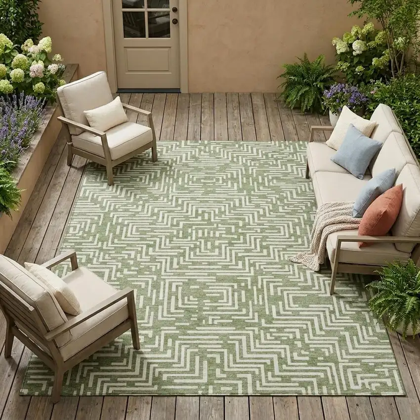 Fern Green And Copper Geometric Washable Indoor Outdoor Area Rug Photo 1