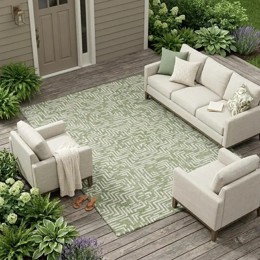 Fern Green And Copper Geometric Washable Indoor Outdoor Area Rug Photo 1