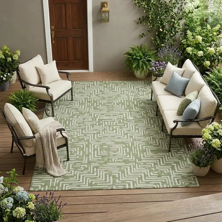 Fern Green And Copper Geometric Washable Indoor Outdoor Area Rug Photo 1