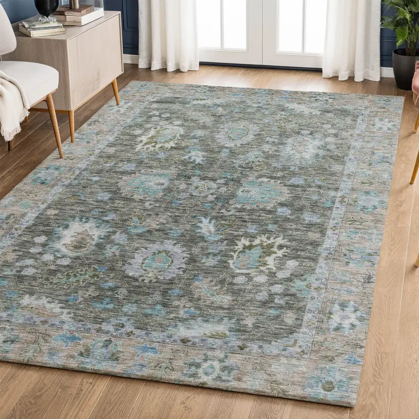 Fern Green And Denim Blue Oriental Washable Area Rug With UV Protection Photo 6