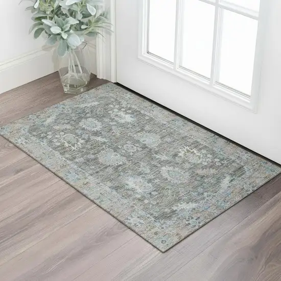 Fern Green And Denim Blue Oriental Washable Area Rug With UV Protection Photo 2