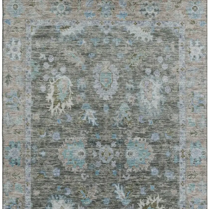 Fern Green And Denim Blue Oriental Washable Area Rug With UV Protection Photo 4