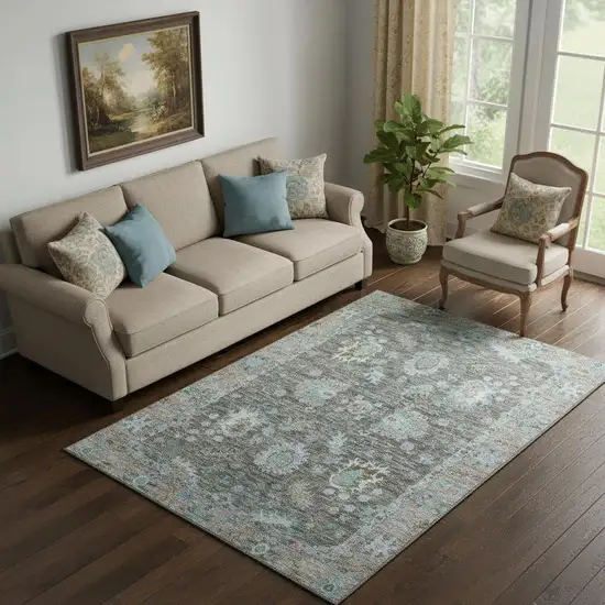 Fern Green And Denim Blue Oriental Washable Area Rug With UV Protection Photo 2