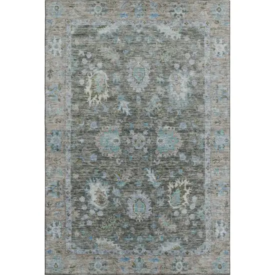 Fern Green And Denim Blue Oriental Washable Area Rug With UV Protection Photo 1
