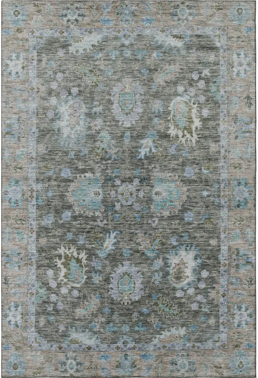 Fern Green And Denim Blue Oriental Washable Area Rug With UV Protection Photo 4