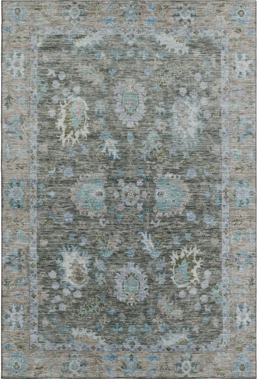 Fern Green And Denim Blue Oriental Washable Area Rug With UV Protection Photo 1