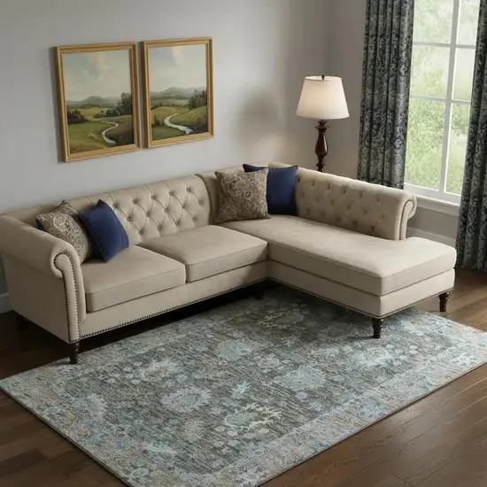 Fern Green And Denim Blue Oriental Washable Area Rug With UV Protection Photo 2