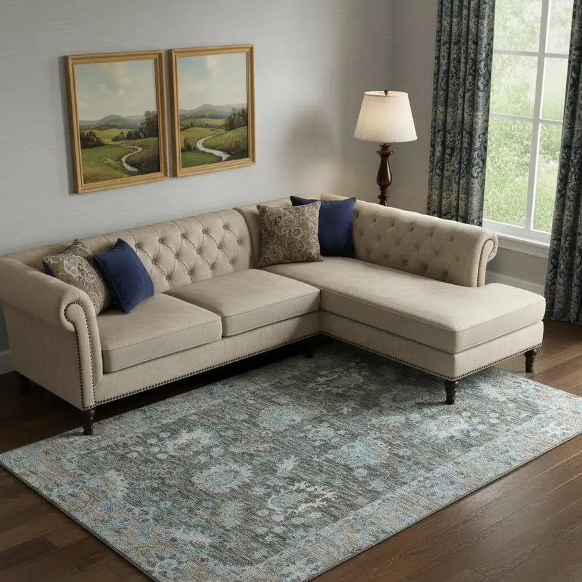 Fern Green And Denim Blue Oriental Washable Area Rug With UV Protection Photo 2