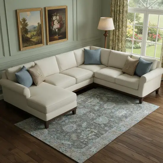 Fern Green And Denim Blue Oriental Washable Area Rug With UV Protection Photo 2