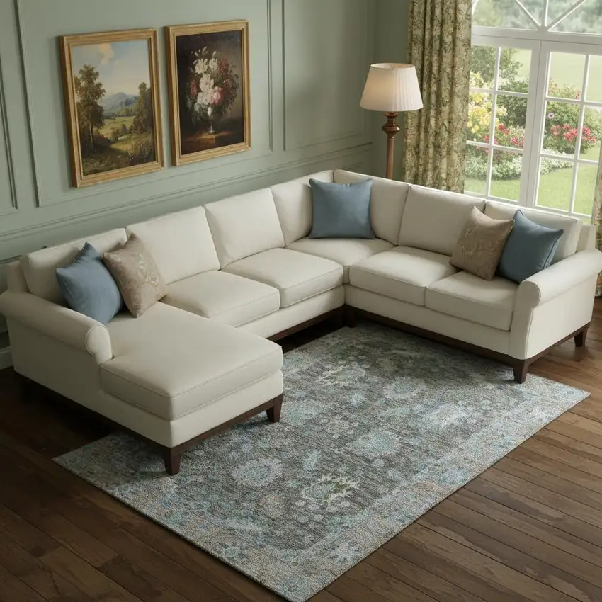 Fern Green And Denim Blue Oriental Washable Area Rug With UV Protection Photo 2