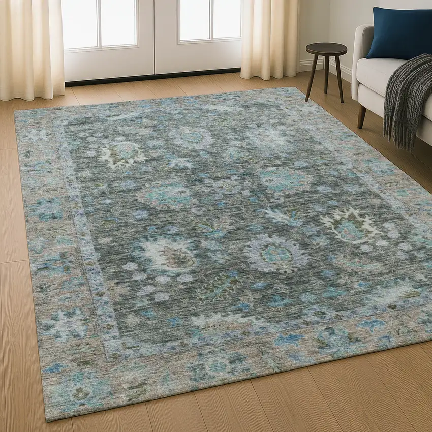 Fern Green And Denim Blue Oriental Washable Area Rug With UV Protection Photo 5