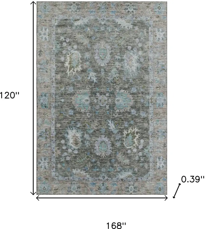 Fern Green And Denim Blue Oriental Washable Area Rug With UV Protection Photo 9