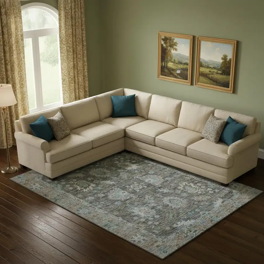 Fern Green And Denim Blue Oriental Washable Area Rug With UV Protection Photo 2