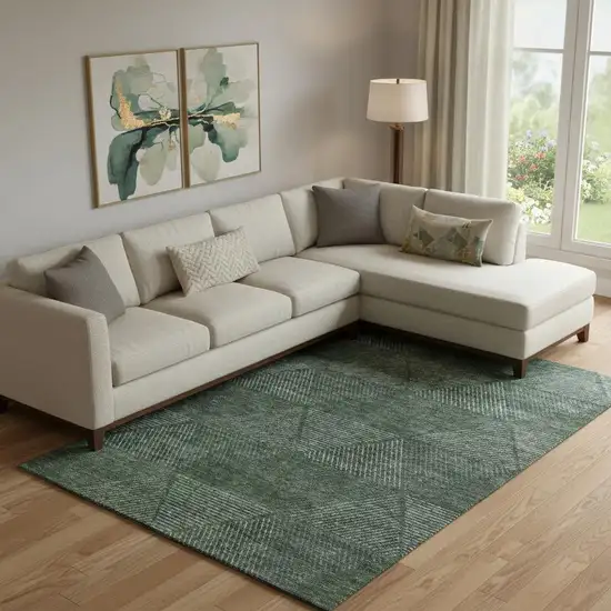 Fern Green And Emerald Geometric Washable Area Rug With UV Protection Photo 1