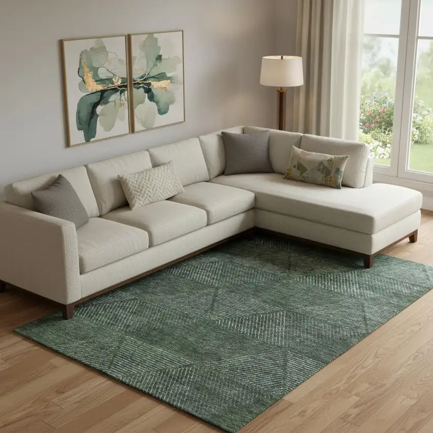 Fern Green And Emerald Geometric Washable Area Rug With UV Protection Photo 1