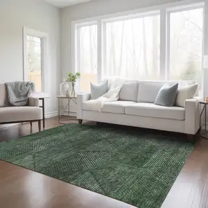 Photo of Fern Green And Emerald Geometric Washable Indoor Outdoor Area Rug