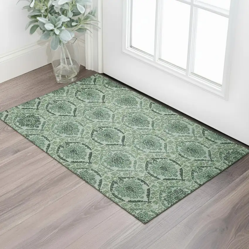 Fern Green And Emerald Medallion Washable Area Rug With UV Protection Photo 1
