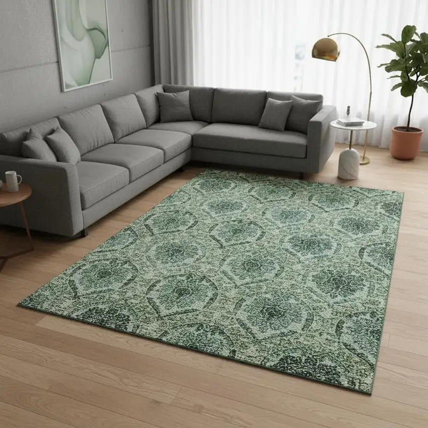 Fern Green And Emerald Medallion Washable Area Rug With UV Protection Photo 2