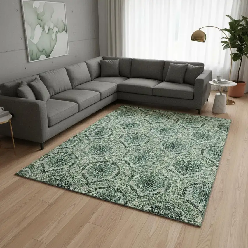 Fern Green And Emerald Medallion Washable Area Rug With UV Protection Photo 2