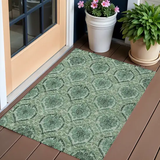 Fern Green And Emerald Medallion Washable Indoor Outdoor Area Rug Photo 1