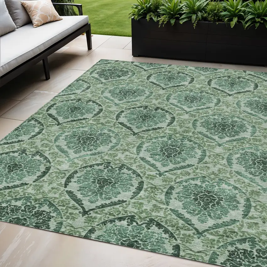 Fern Green And Emerald Medallion Washable Indoor Outdoor Area Rug Photo 1