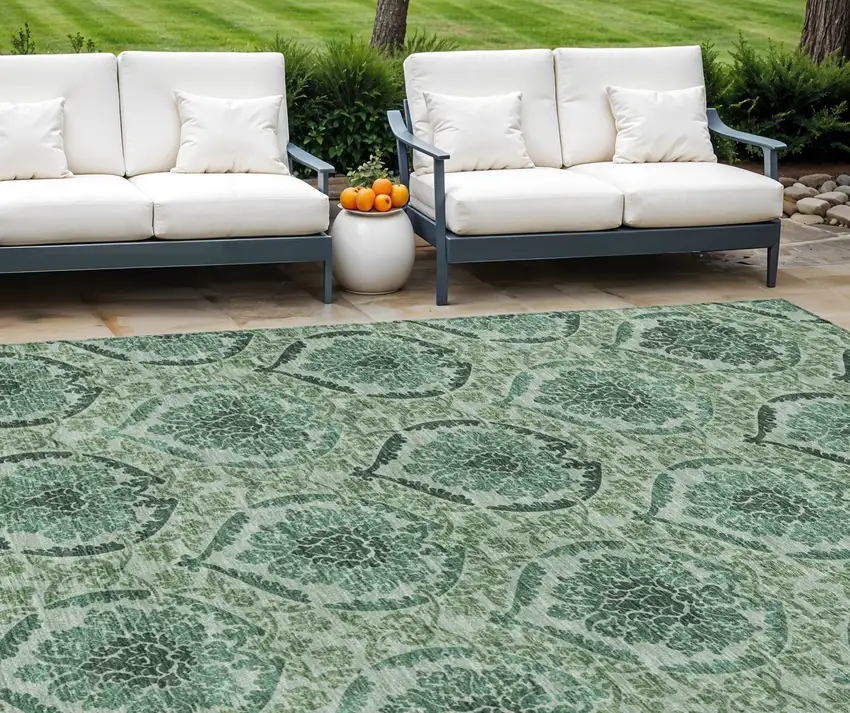 Fern Green And Emerald Medallion Washable Indoor Outdoor Area Rug Photo 1