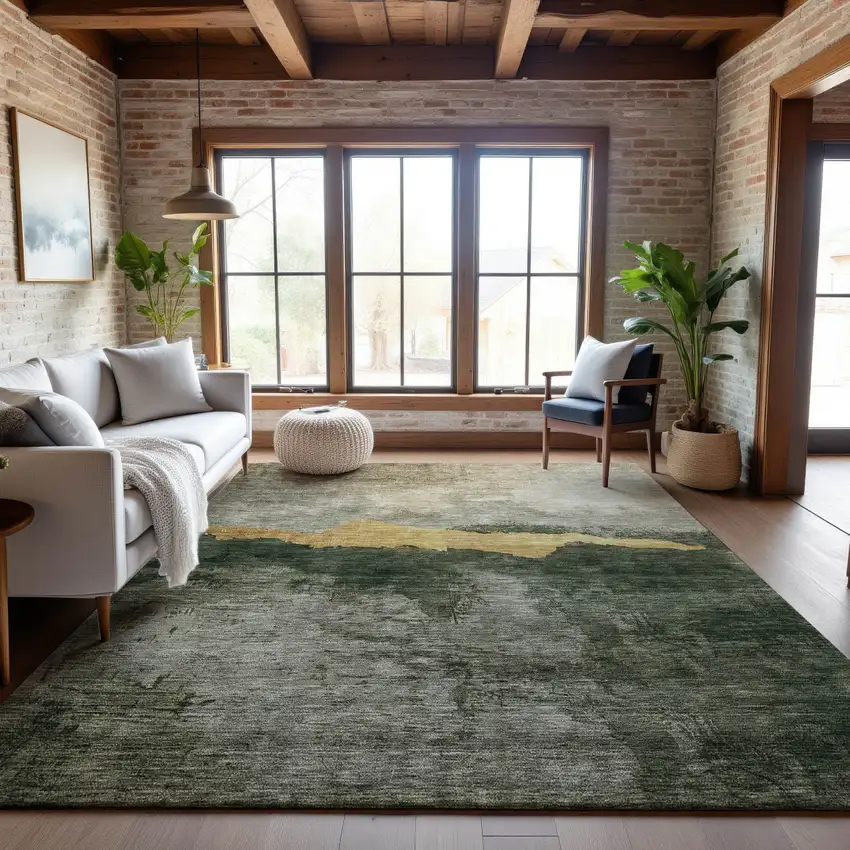 Fern Green And Gold Abstract Washable Area Rug With UV Protection Photo 2