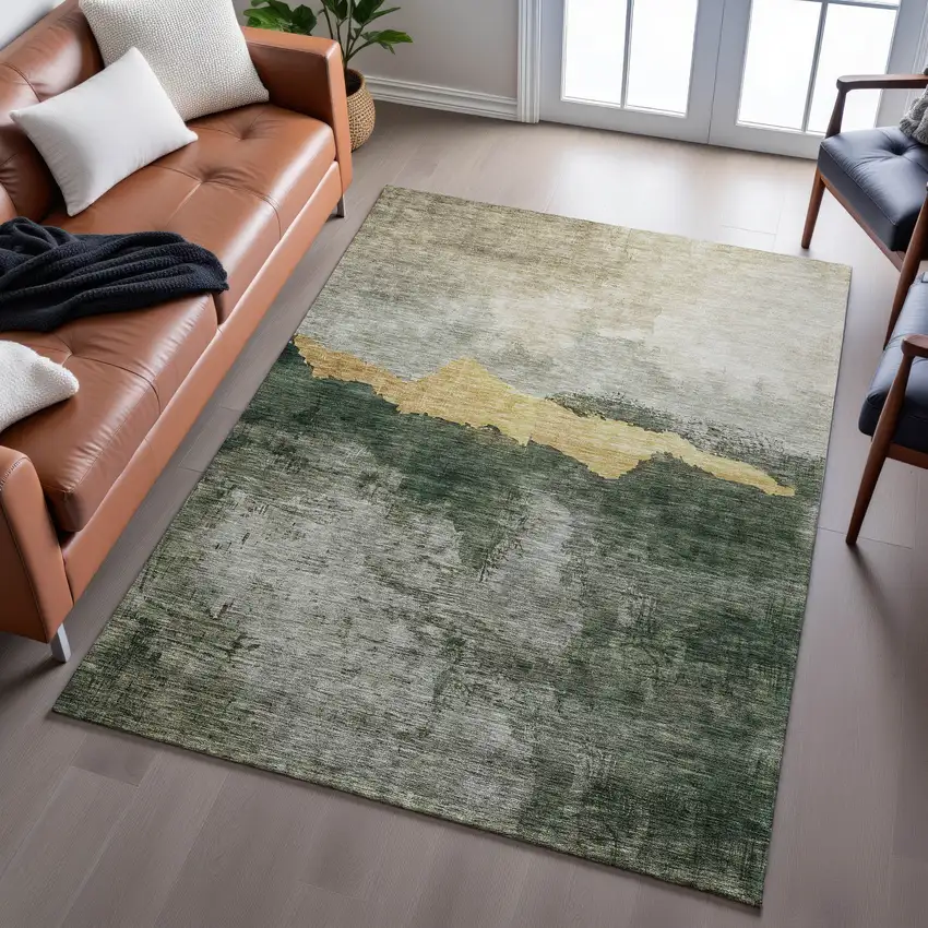 Fern Green And Gold Abstract Washable Area Rug With UV Protection Photo 1