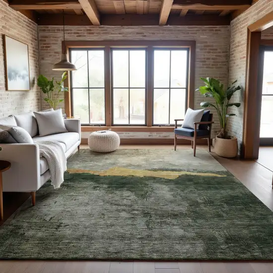 Fern Green And Gold Abstract Washable Area Rug With UV Protection Photo 2