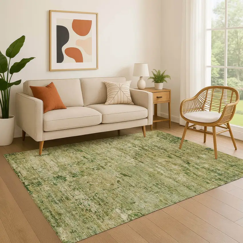 Fern Green And Gold Abstract Washable Area Rug With UV Protection Photo 3